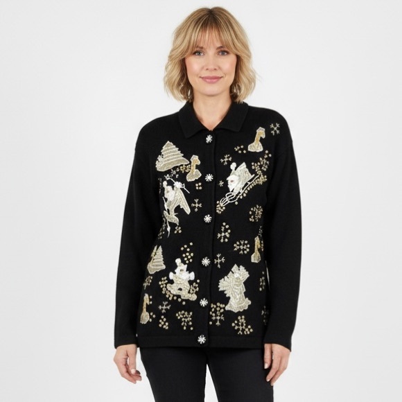 Vtg VICTORIA HARBOUR Cardigan XL Black Gold Embroidered Santa Ski Snowboard Sled - Picture 1 of 15